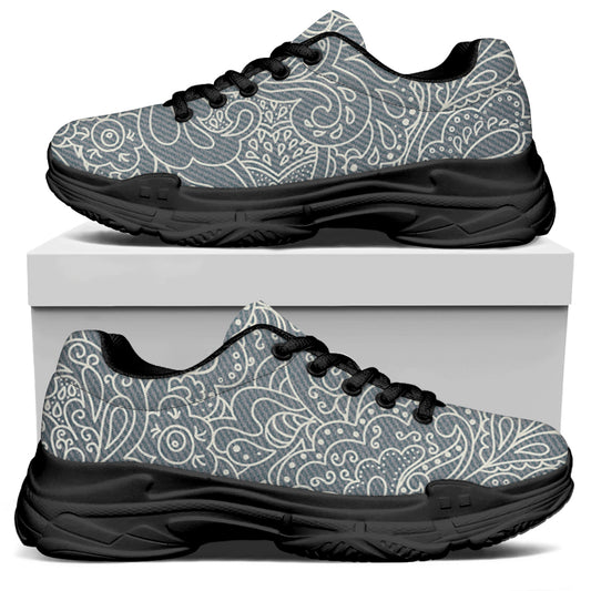 White And Grey Western Floral Print Black Chunky Shoes