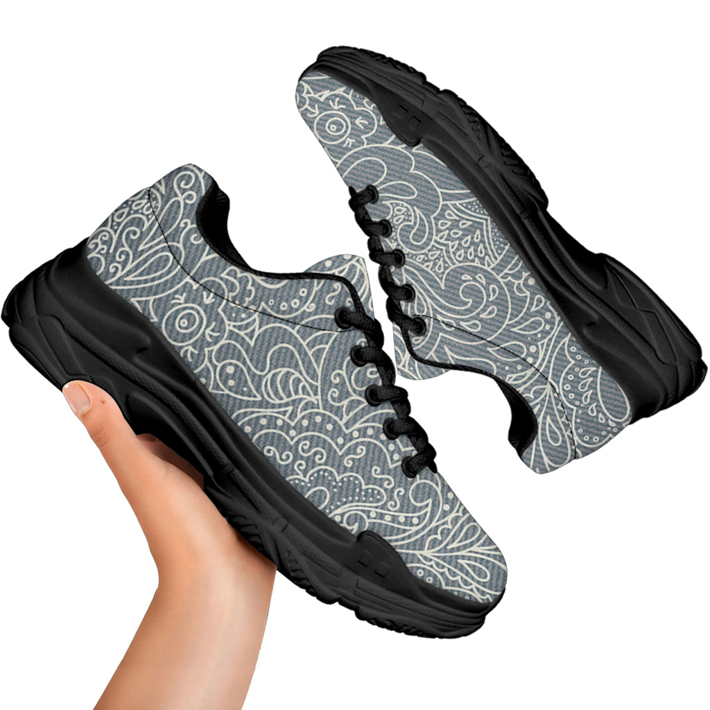 White And Grey Western Floral Print Black Chunky Shoes