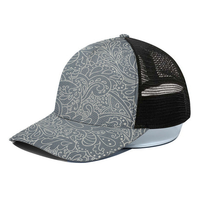 White And Grey Western Floral Print Black Mesh Trucker Cap