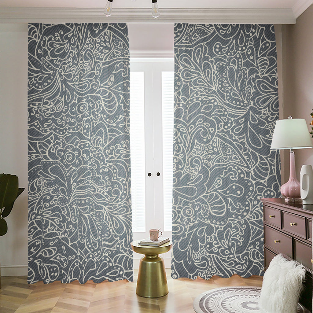 White And Grey Western Floral Print Blackout Pencil Pleat Curtains