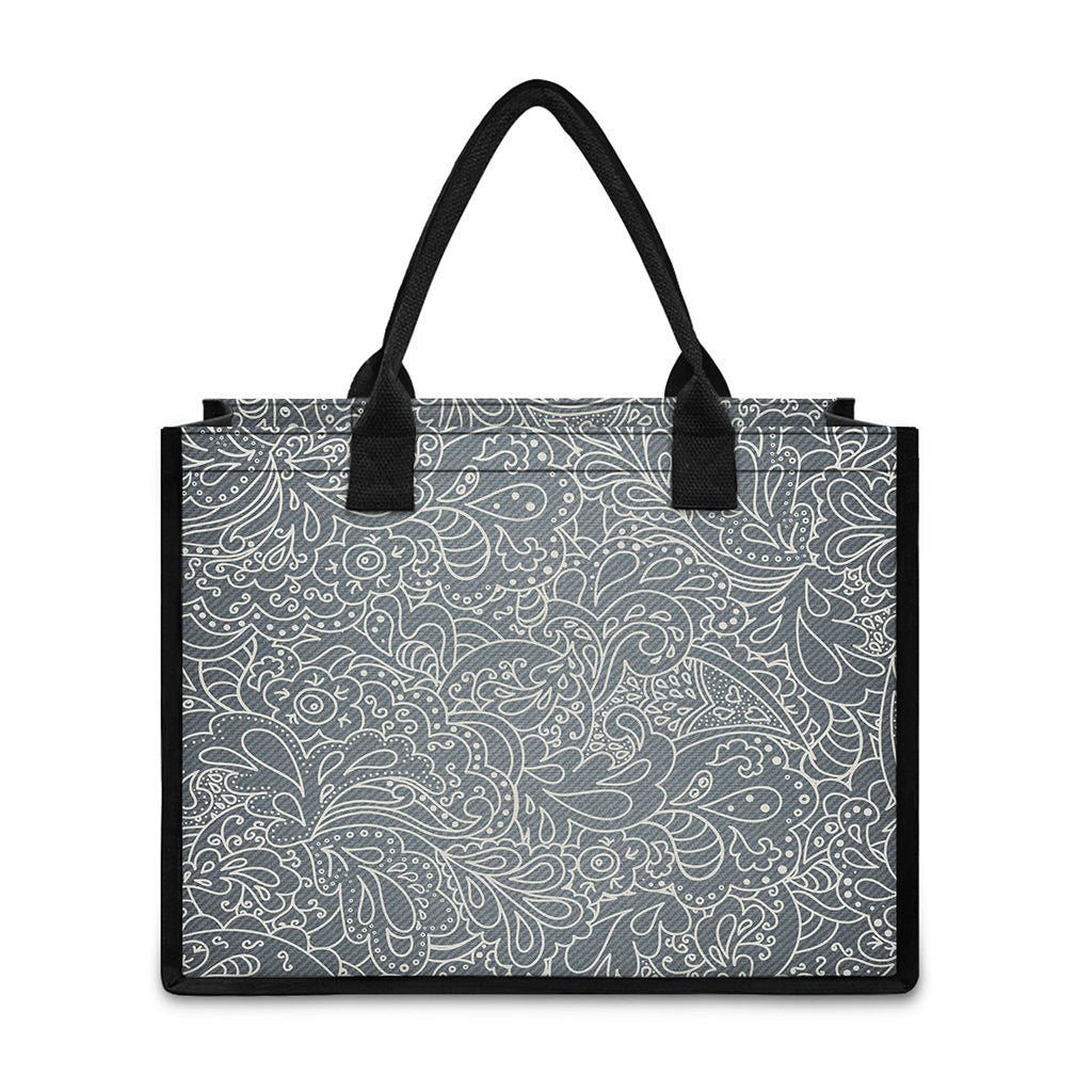 White And Grey Western Floral Print Canvas Tote Bag