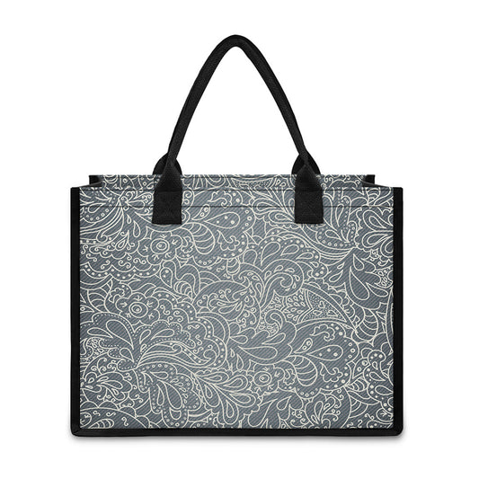 White And Grey Western Floral Print Canvas Tote Bag