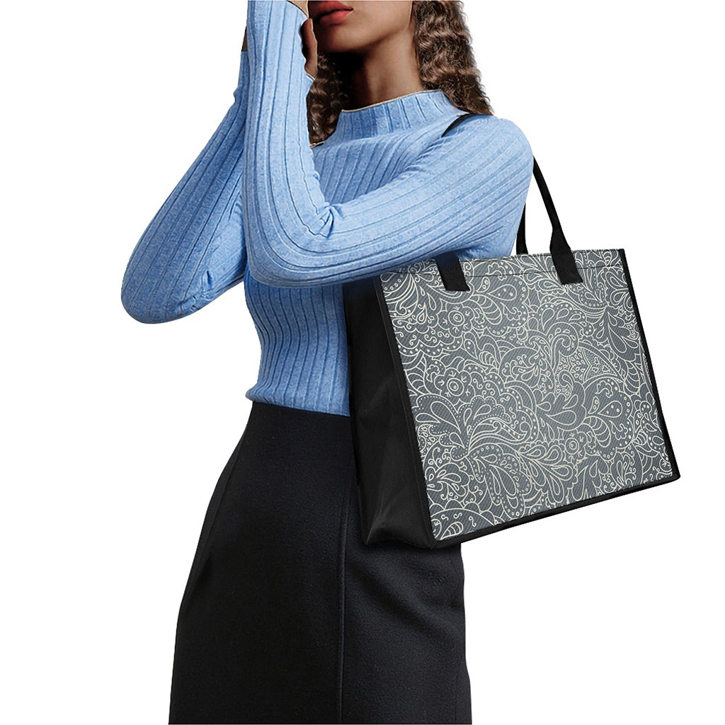 White And Grey Western Floral Print Canvas Tote Bag