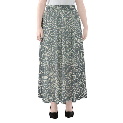 White And Grey Western Floral Print Chiffon Maxi Skirt