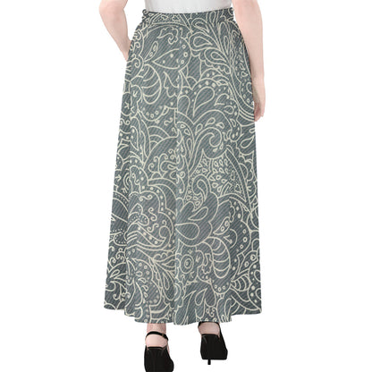 White And Grey Western Floral Print Chiffon Maxi Skirt