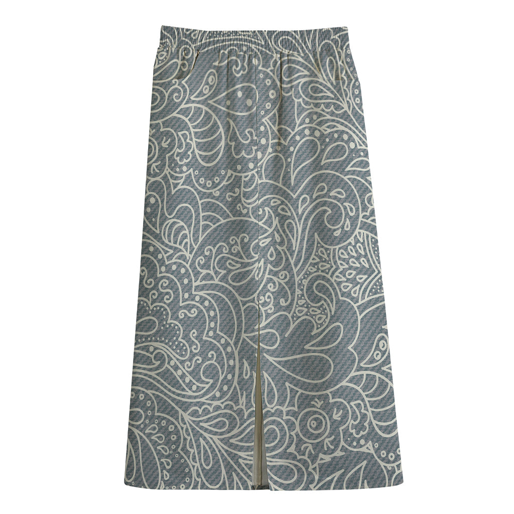 White And Grey Western Floral Print Cotton Front Slit Maxi Skirt