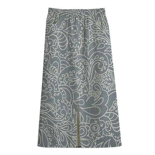 White And Grey Western Floral Print Cotton Front Slit Maxi Skirt