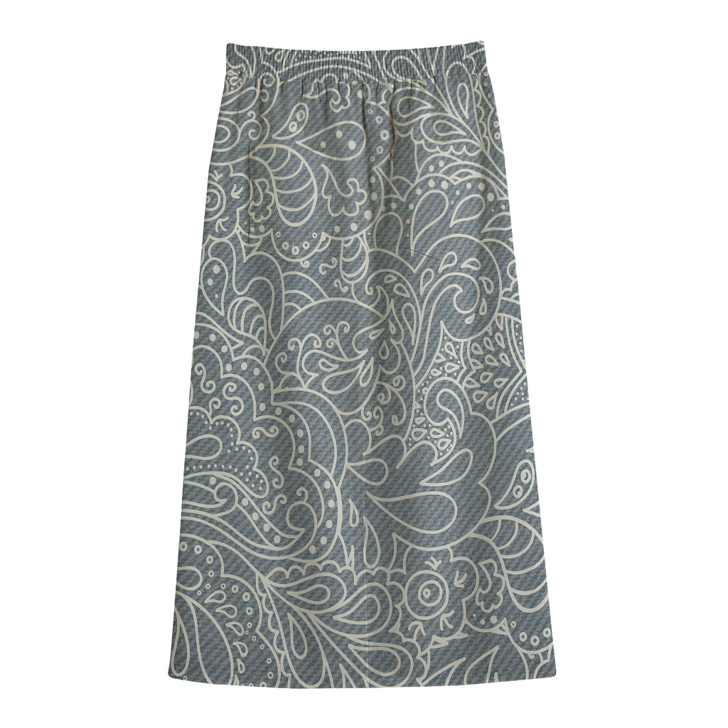 White And Grey Western Floral Print Cotton Front Slit Maxi Skirt