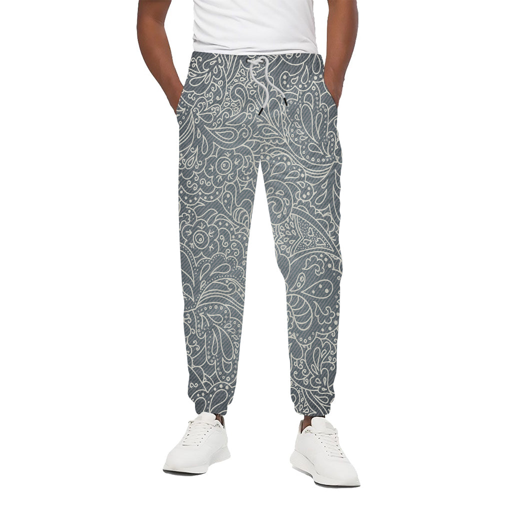 White And Grey Western Floral Print Cotton Pants
