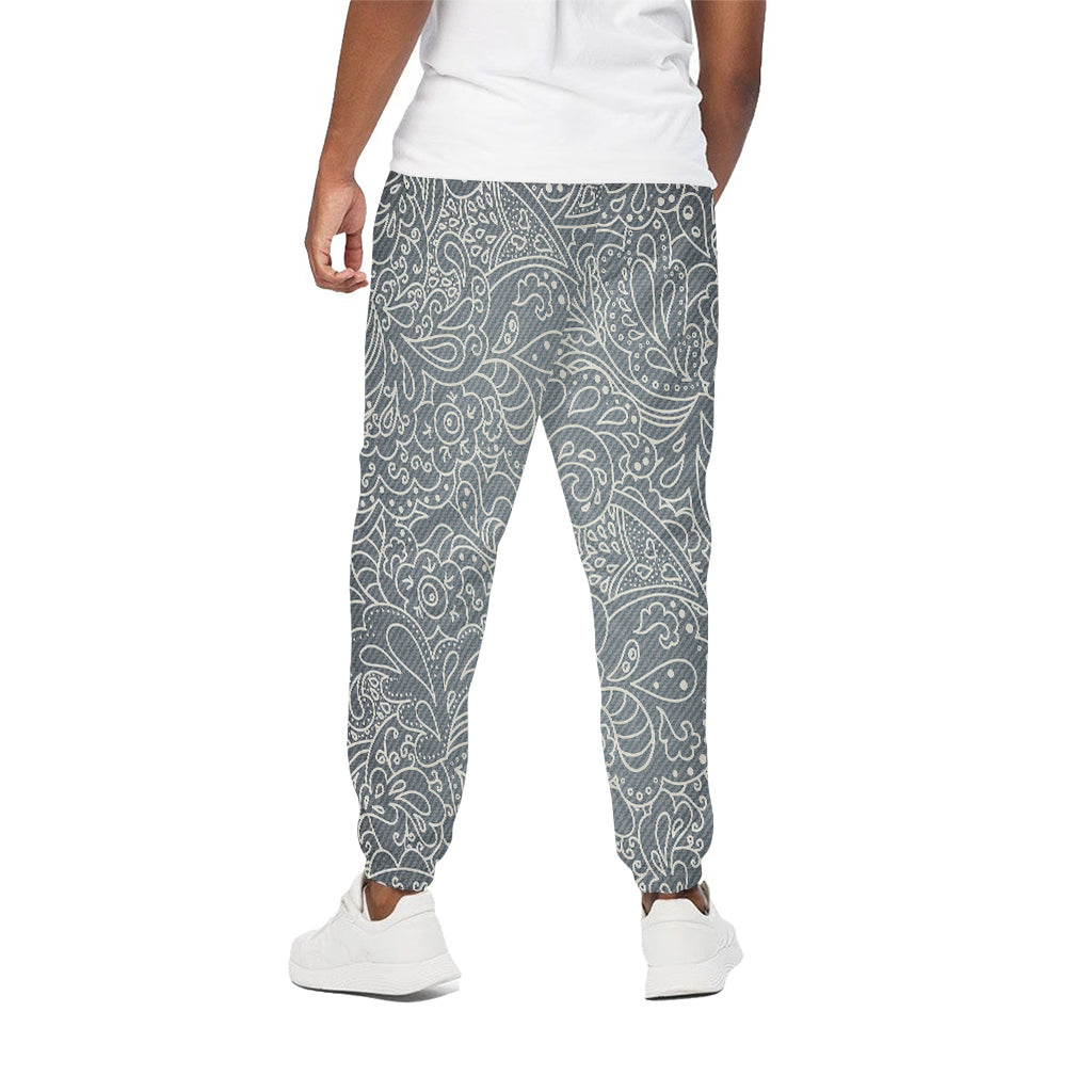 White And Grey Western Floral Print Cotton Pants