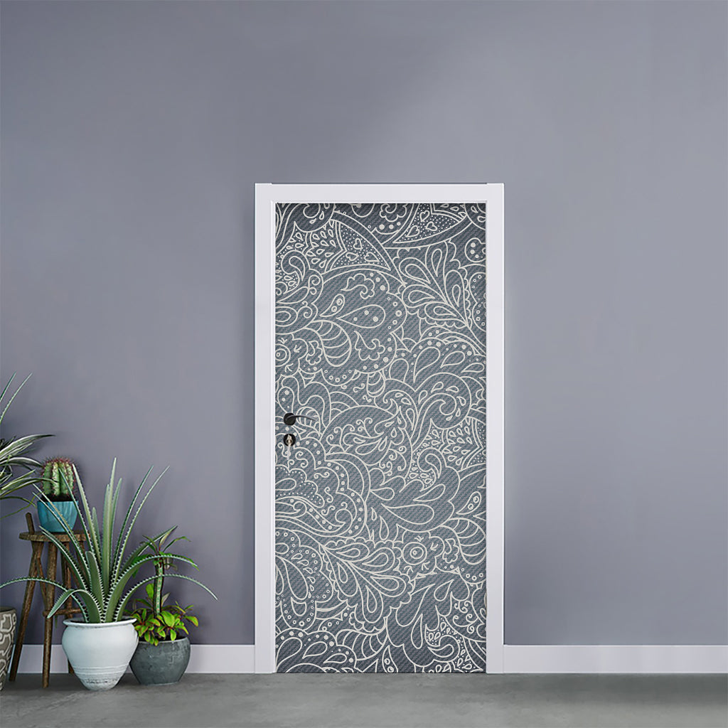 White And Grey Western Floral Print Door Sticker