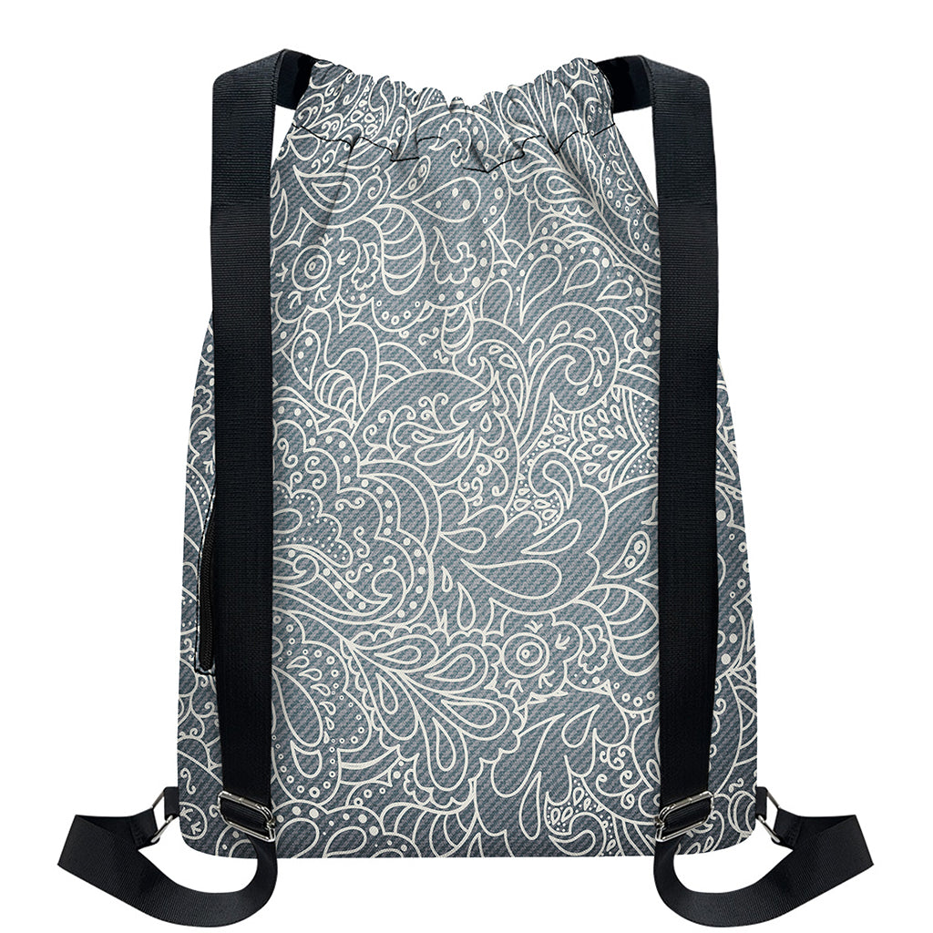 White And Grey Western Floral Print Drawstring Backpack