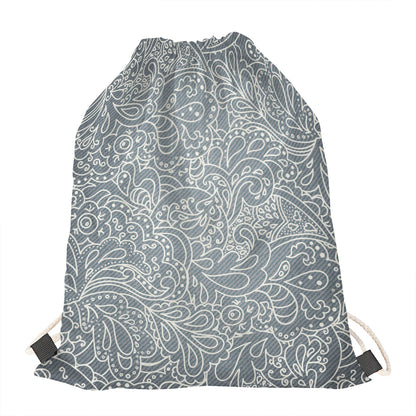 White And Grey Western Floral Print Drawstring Bag