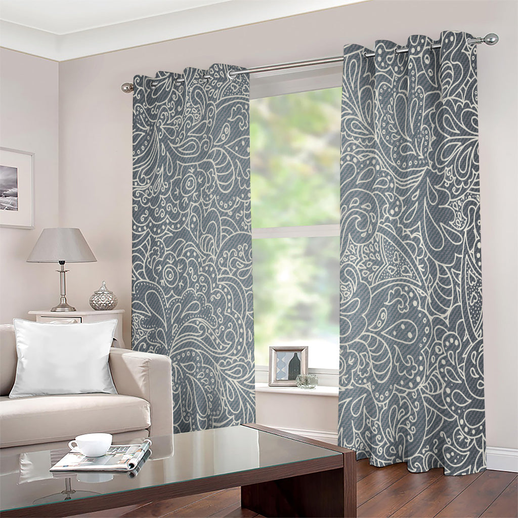 White And Grey Western Floral Print Extra Wide Grommet Curtains
