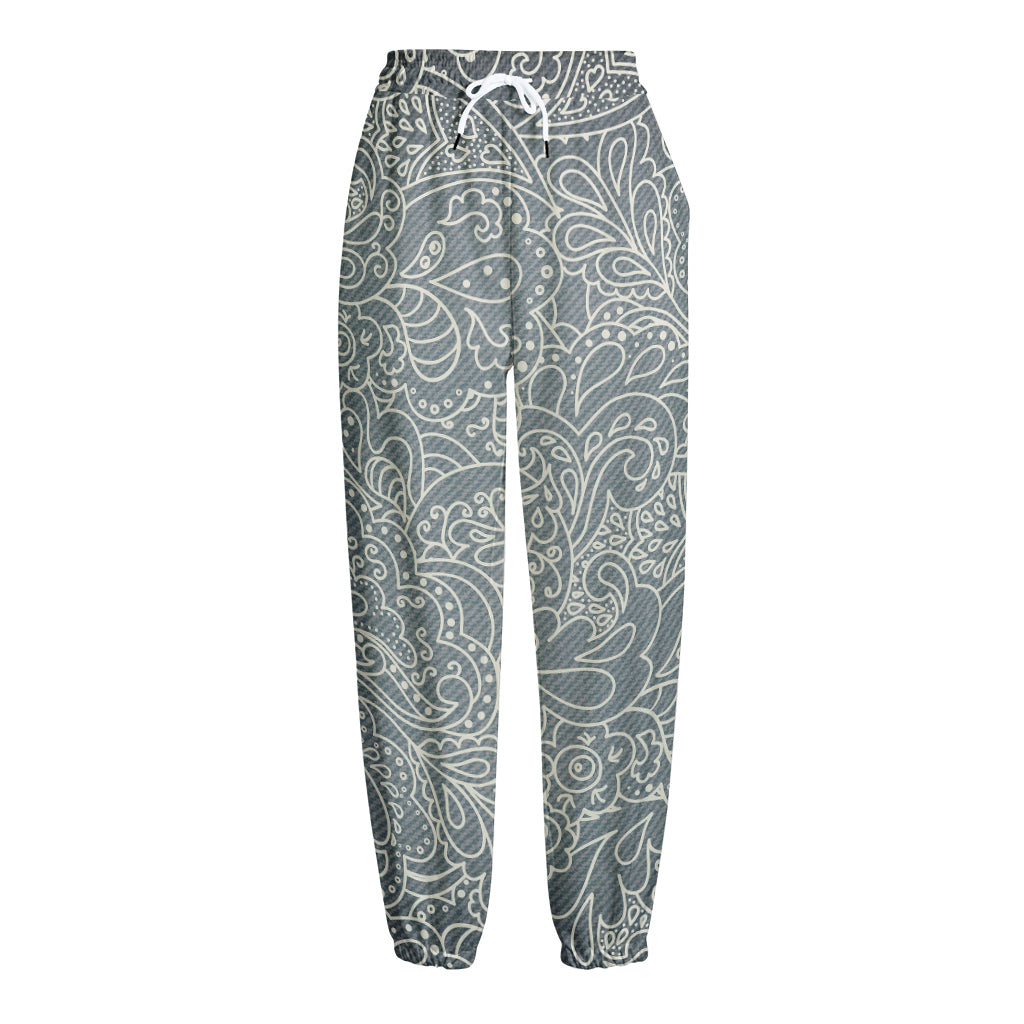 White And Grey Western Floral Print Fleece Lined Knit Pants