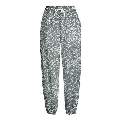 White And Grey Western Floral Print Fleece Lined Knit Pants
