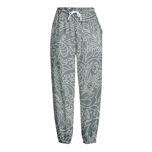 White And Grey Western Floral Print Fleece Lined Knit Pants