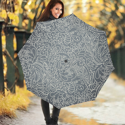White And Grey Western Floral Print Foldable Umbrella