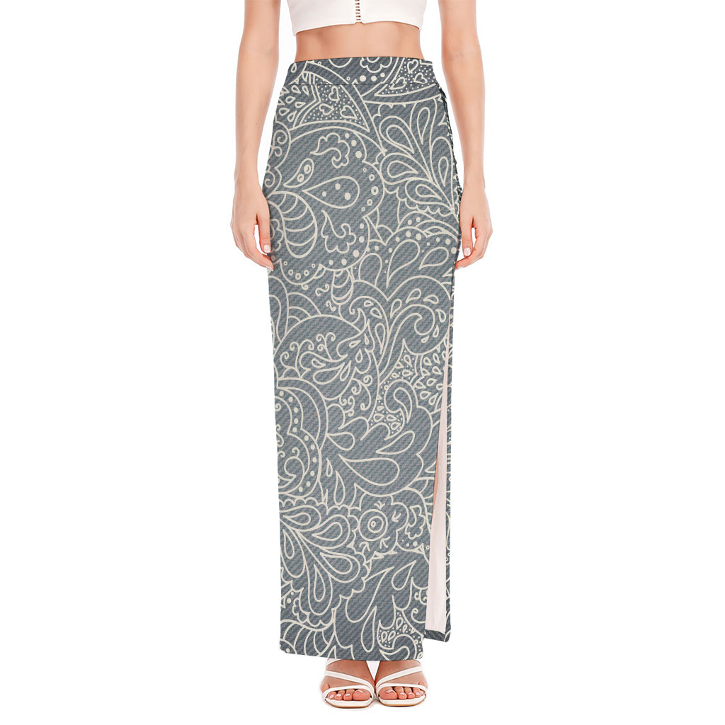 White And Grey Western Floral Print High Slit Maxi Skirt