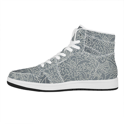 White And Grey Western Floral Print High Top Leather Sneakers