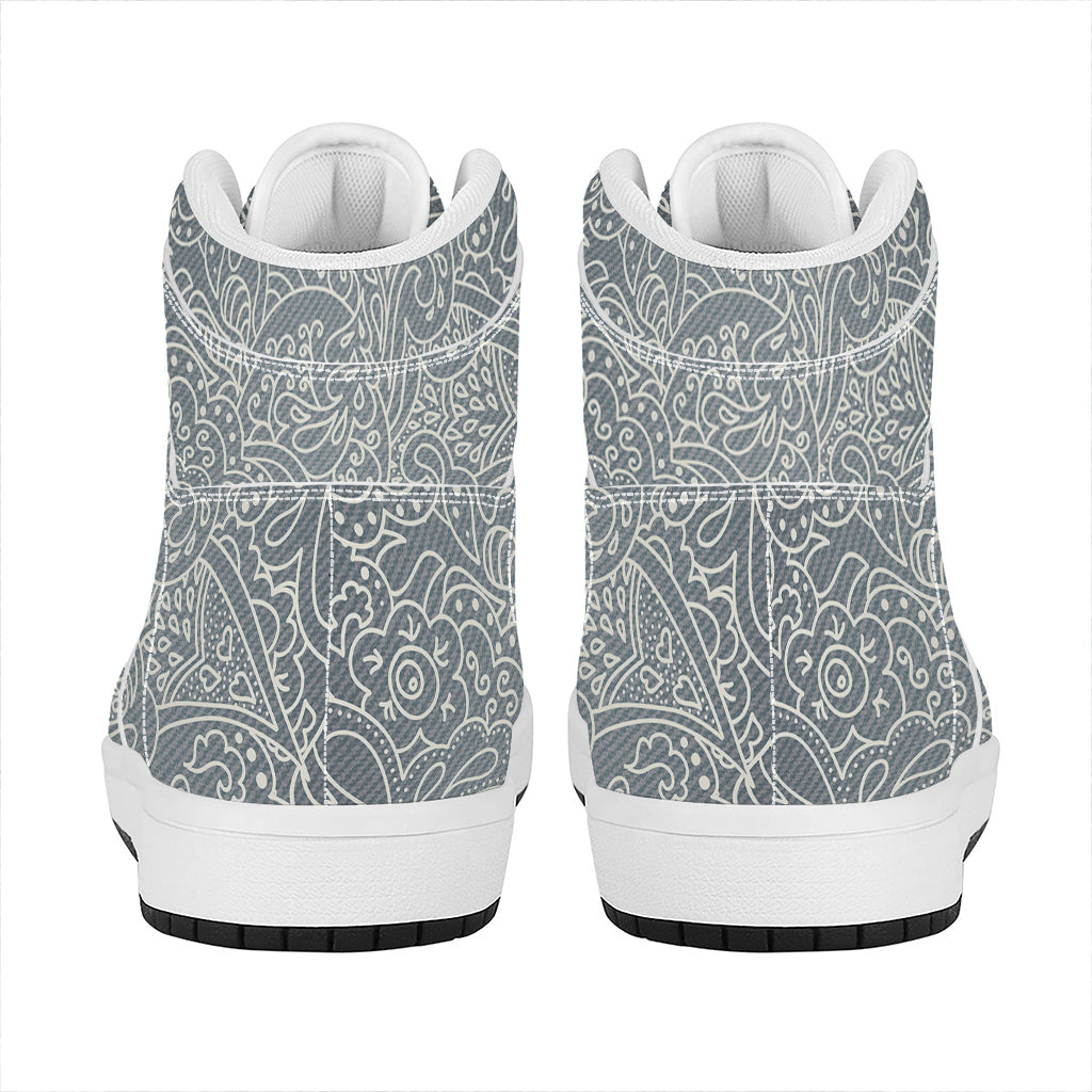 White And Grey Western Floral Print High Top Leather Sneakers