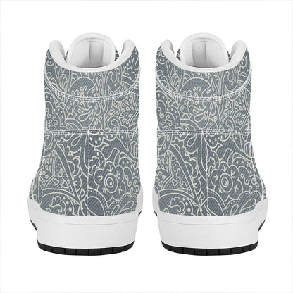 White And Grey Western Floral Print High Top Leather Sneakers