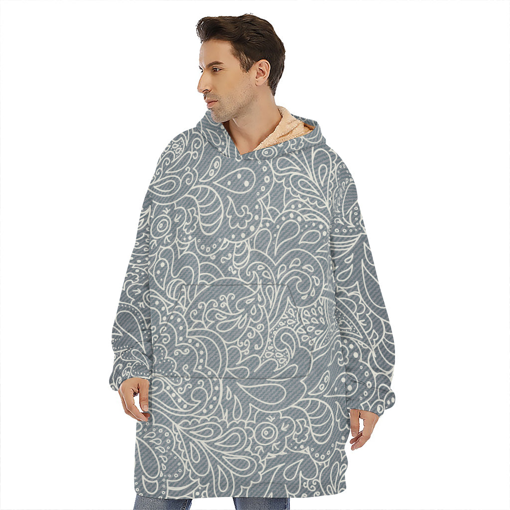 White And Grey Western Floral Print Hoodie Blanket