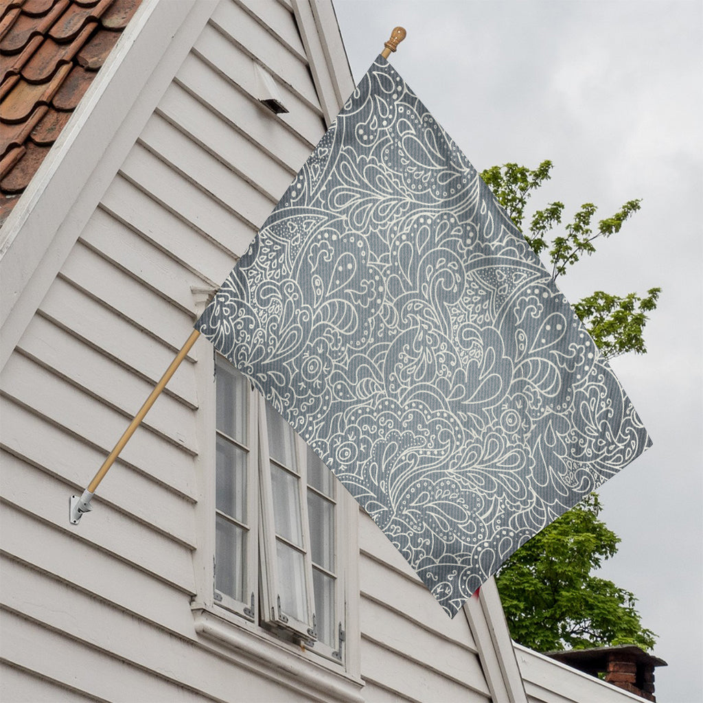 White And Grey Western Floral Print House Flag