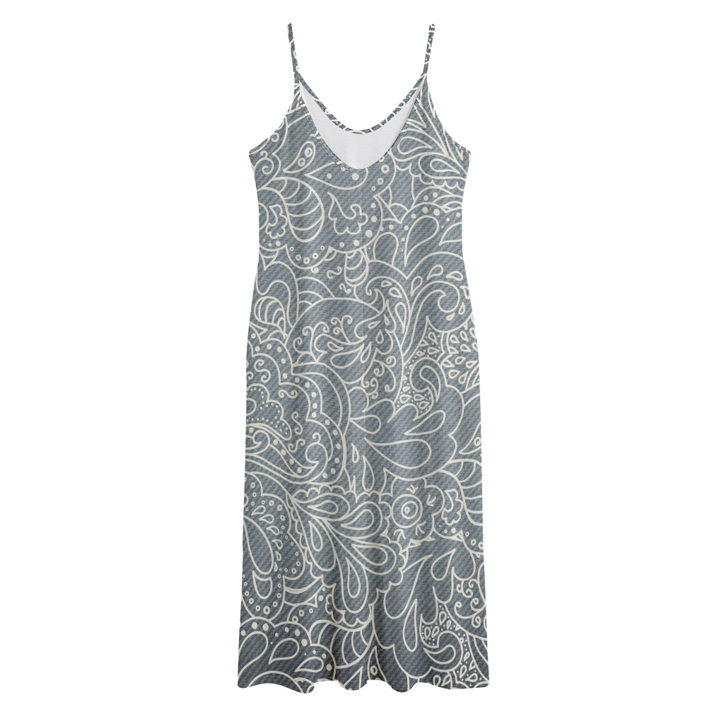 White And Grey Western Floral Print Jersey Midi Cami Dress