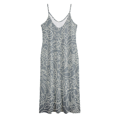 White And Grey Western Floral Print Jersey Midi Cami Dress