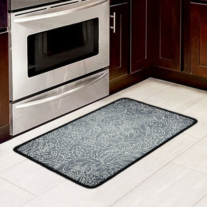 White And Grey Western Floral Print Kitchen Mat