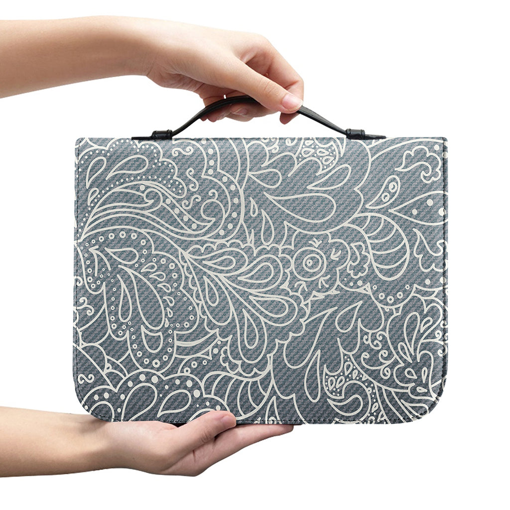 White And Grey Western Floral Print Leather Bible Cover