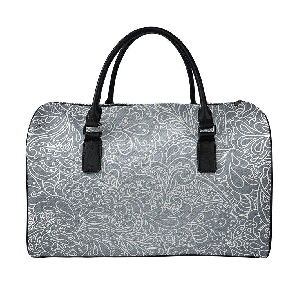 White And Grey Western Floral Print Leather Duffle Bag