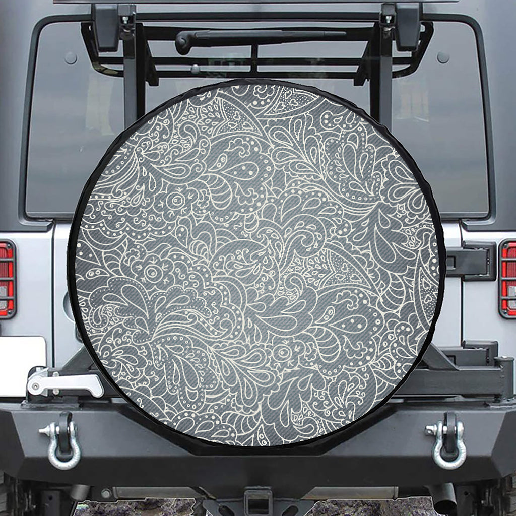 White And Grey Western Floral Print Leather Spare Tire Cover