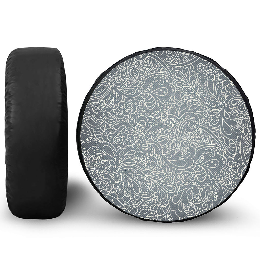 White And Grey Western Floral Print Leather Spare Tire Cover