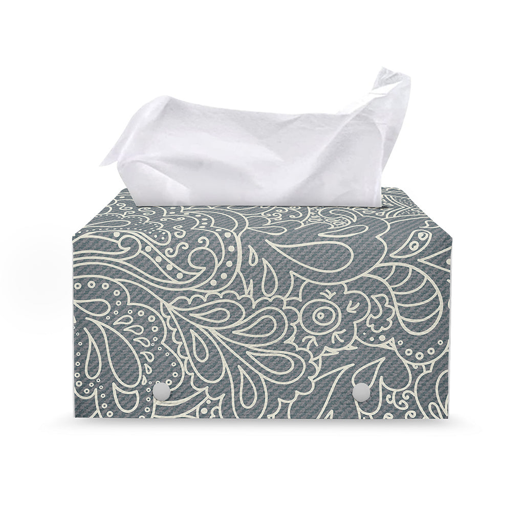 White And Grey Western Floral Print Leather Tissue Box Cover