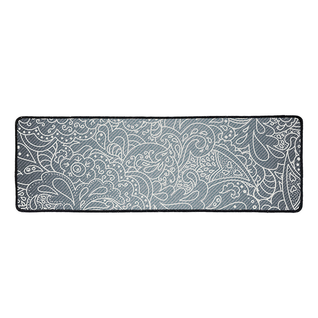 White And Grey Western Floral Print Long Kitchen Mat