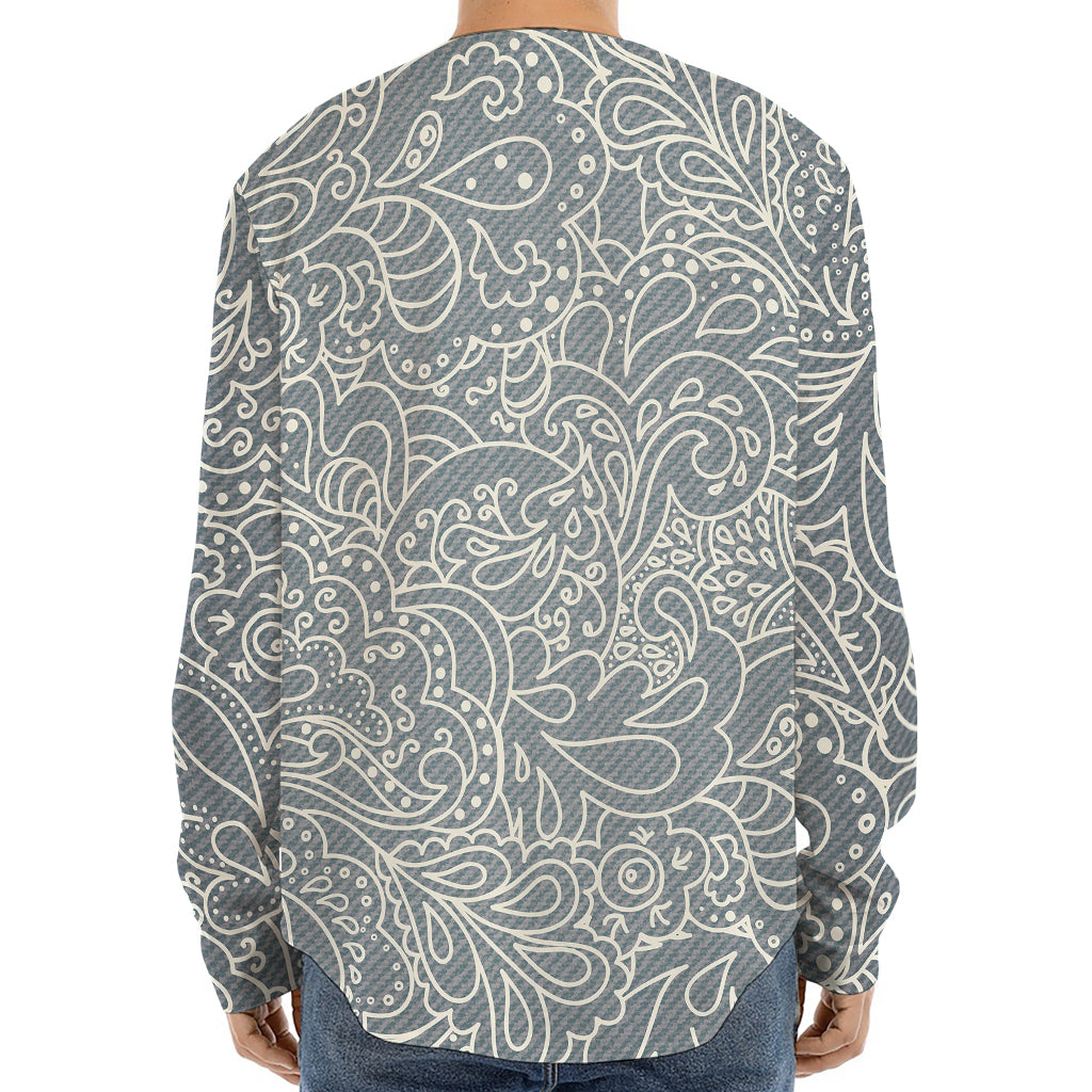 White And Grey Western Floral Print Long Sleeve Baseball Jersey