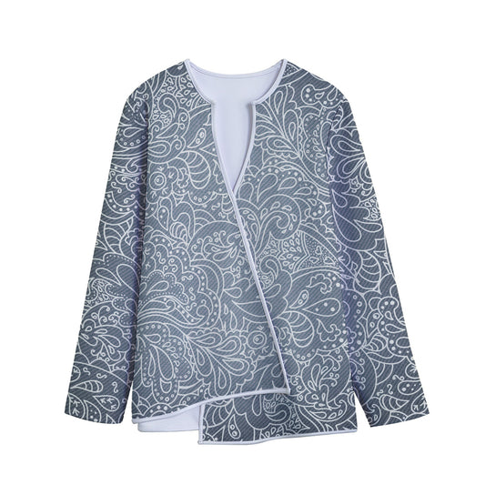 White And Grey Western Floral Print Long Sleeve Short Coat