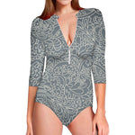 White And Grey Western Floral Print Long Sleeve Swimsuit