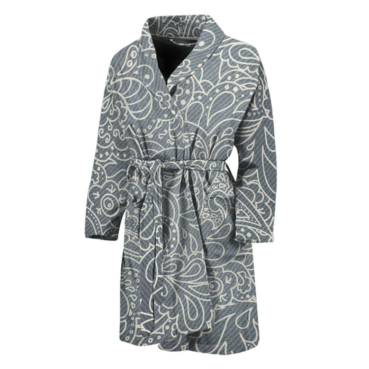White And Grey Western Floral Print Men's Bathrobe