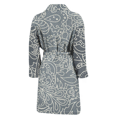 White And Grey Western Floral Print Men's Bathrobe