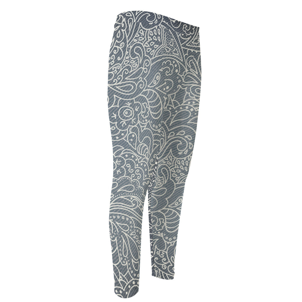 White And Grey Western Floral Print Men's Compression Pants