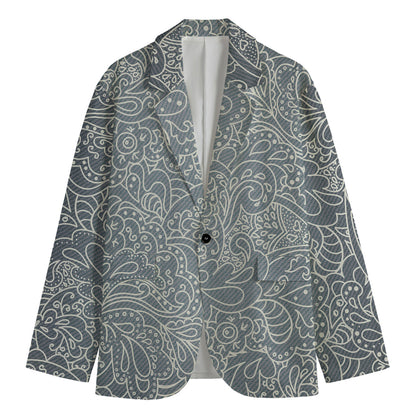 White And Grey Western Floral Print Men's Cotton Blazer