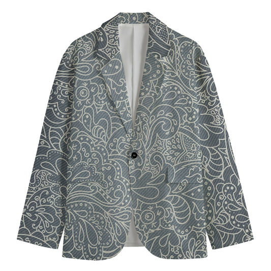 White And Grey Western Floral Print Men's Cotton Blazer
