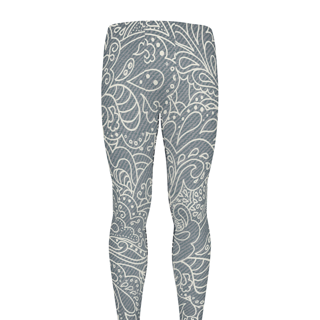 White And Grey Western Floral Print Men's leggings