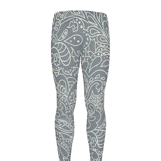 White And Grey Western Floral Print Men's leggings