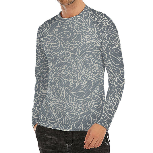 White And Grey Western Floral Print Men's Long Sleeve Rash Guard