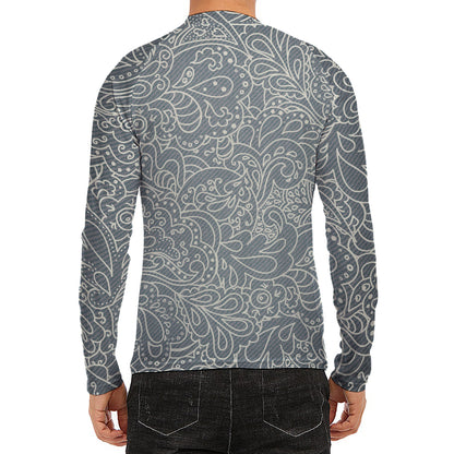 White And Grey Western Floral Print Men's Long Sleeve Rash Guard