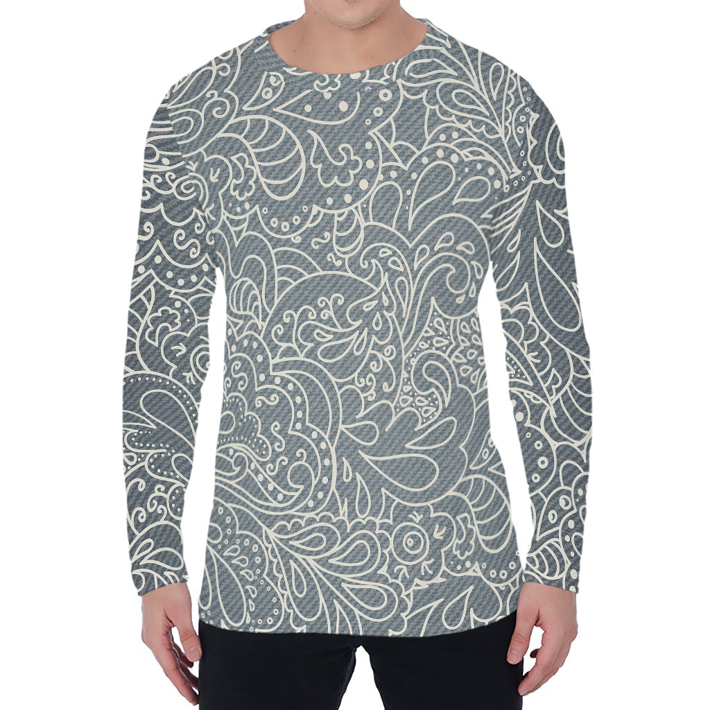 White And Grey Western Floral Print Men's Long Sleeve T-Shirt